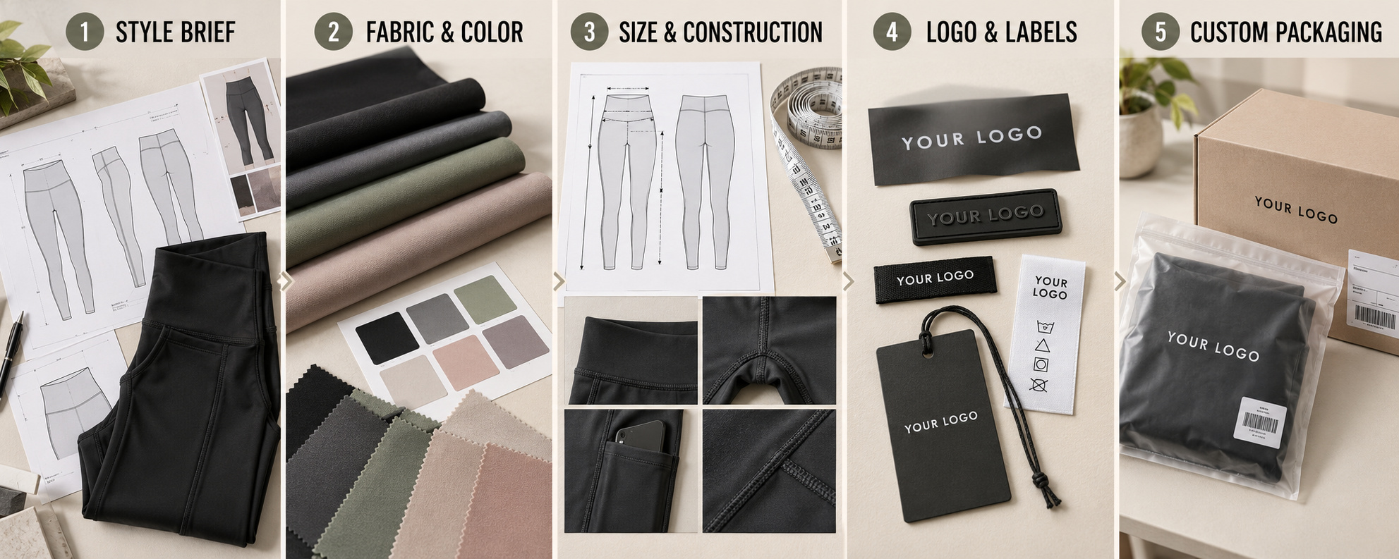 Custom OEM leggings development from style and fabric to branding and packaging.