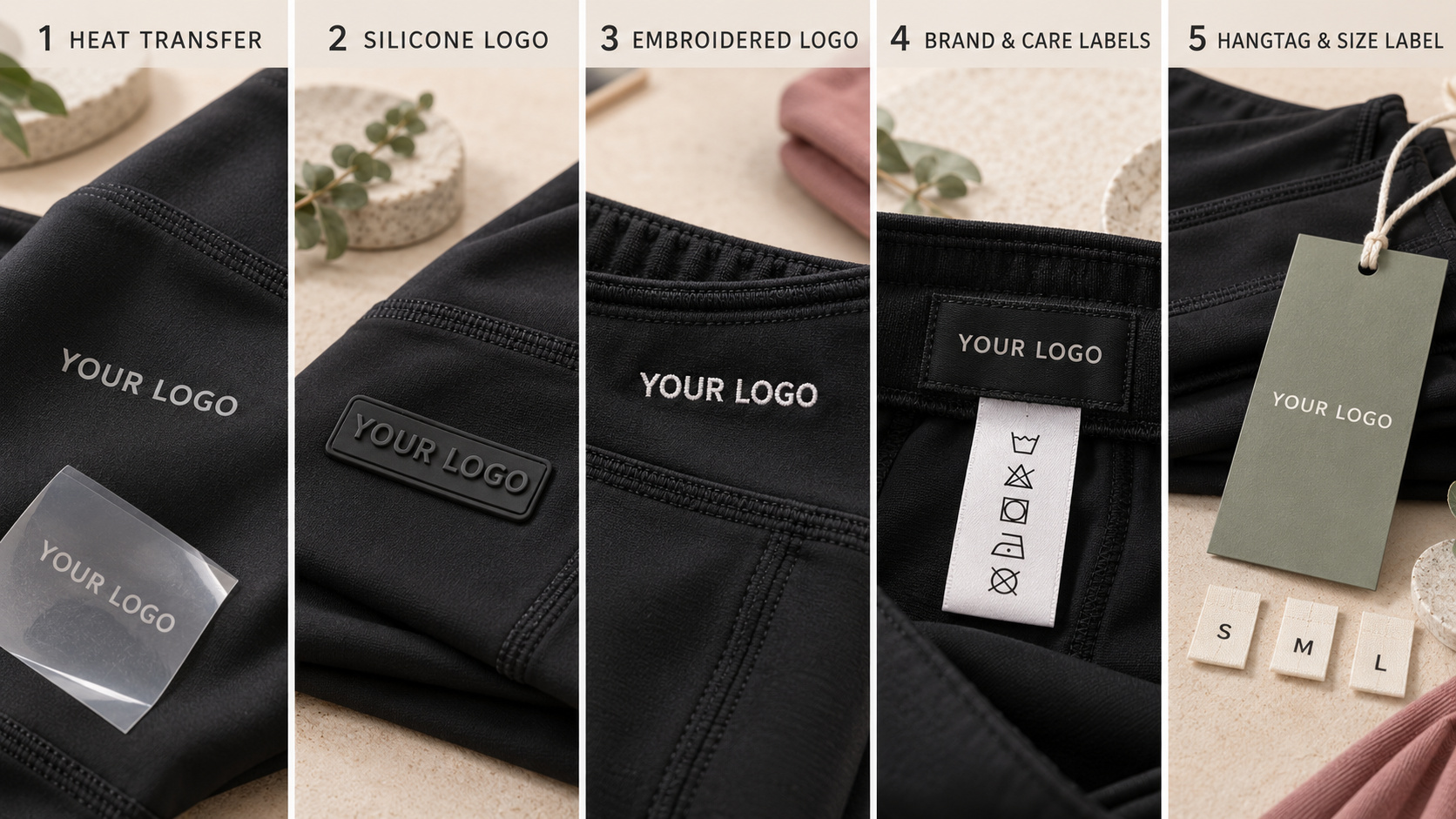 Custom leggings heat-transfer, silicone, embroidery and label options.