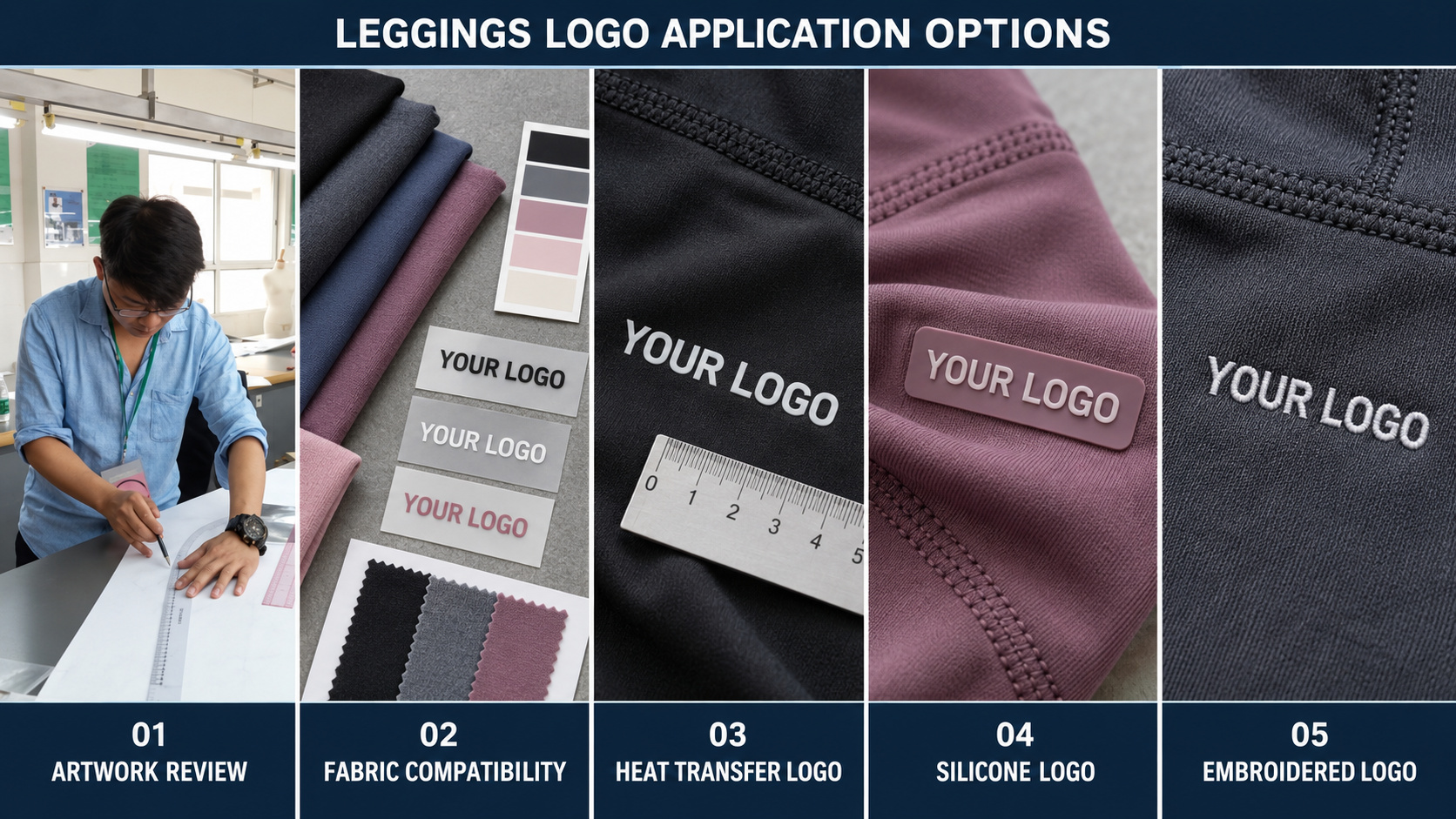 Custom leggings logo application options and fabric testing.