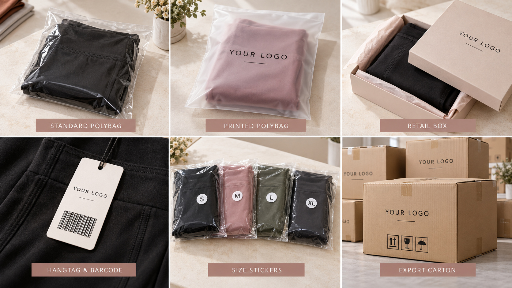 Custom leggings packaging options with polybags, retail box, tags, size stickers and export cartons.