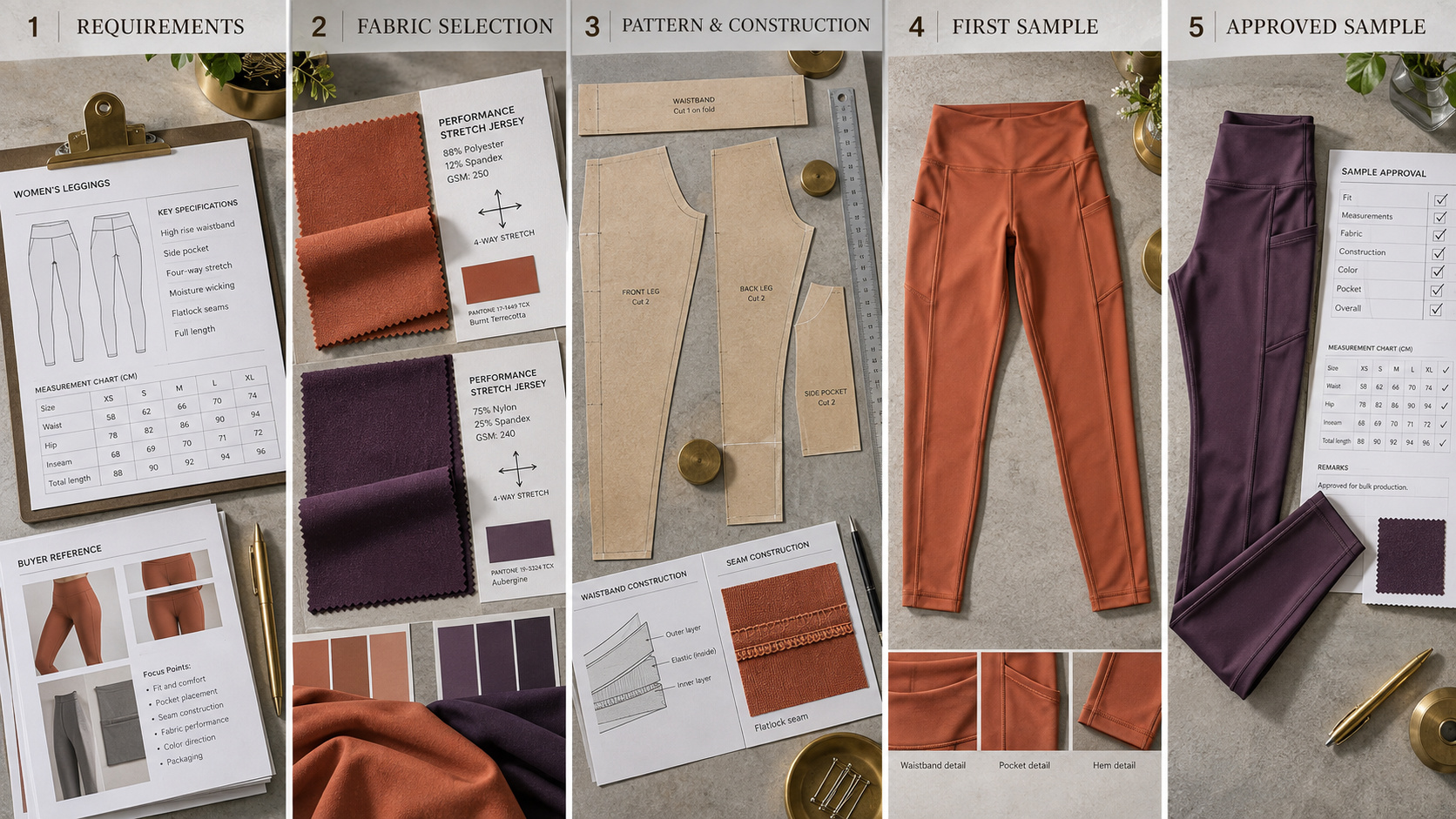 Custom leggings sampling and approval workflow.