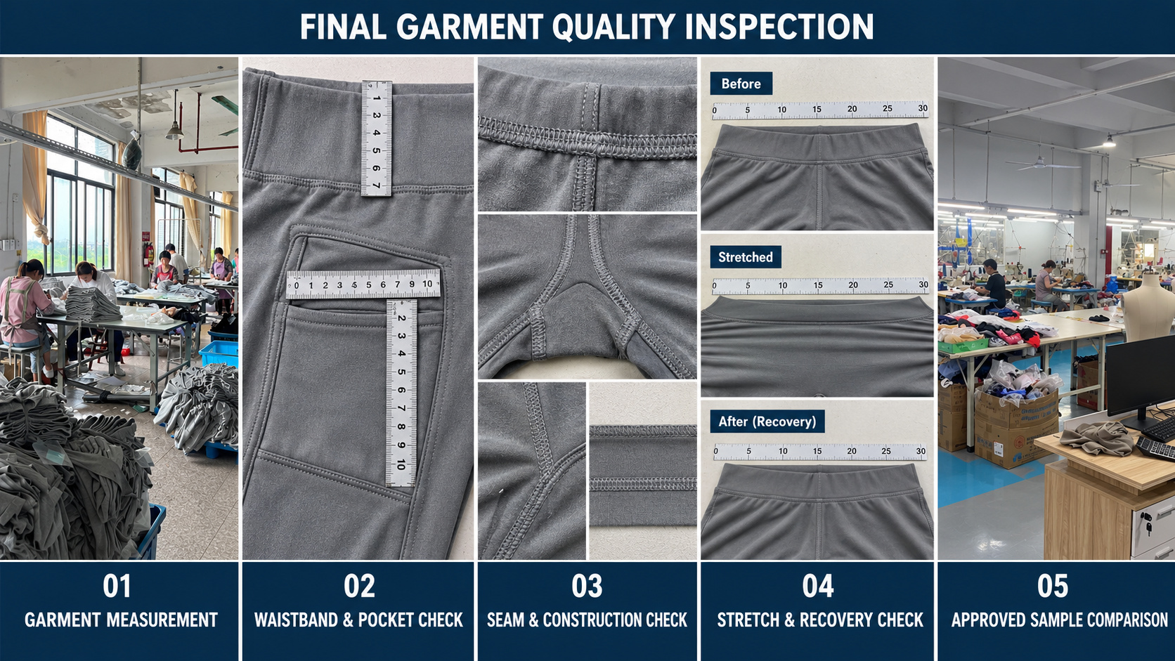 Final leggings measurement and construction quality inspection.