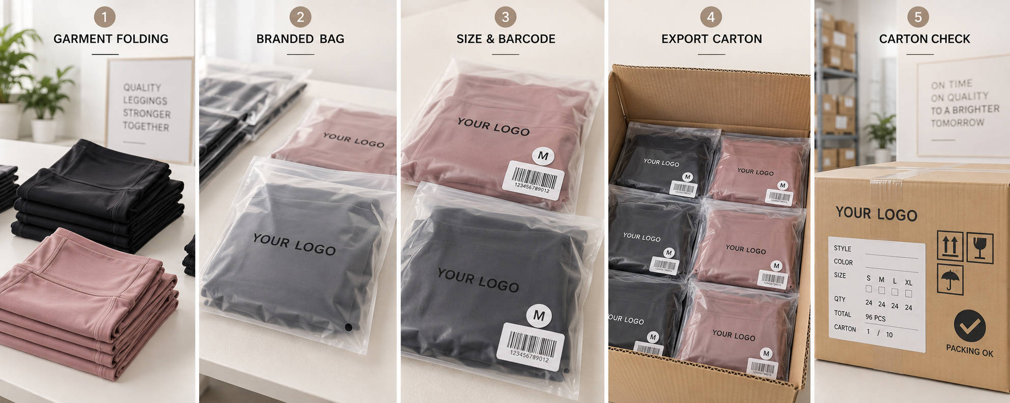 Five-step custom leggings packaging and export preparation process.