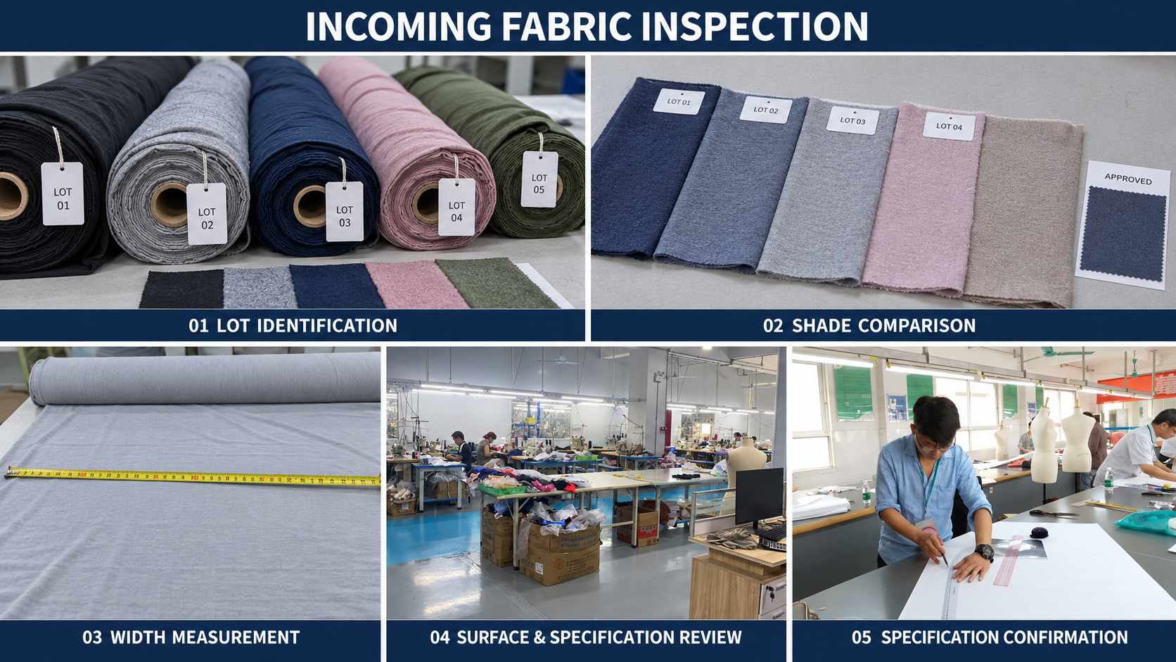 Incoming leggings fabric inspection and specification checks.