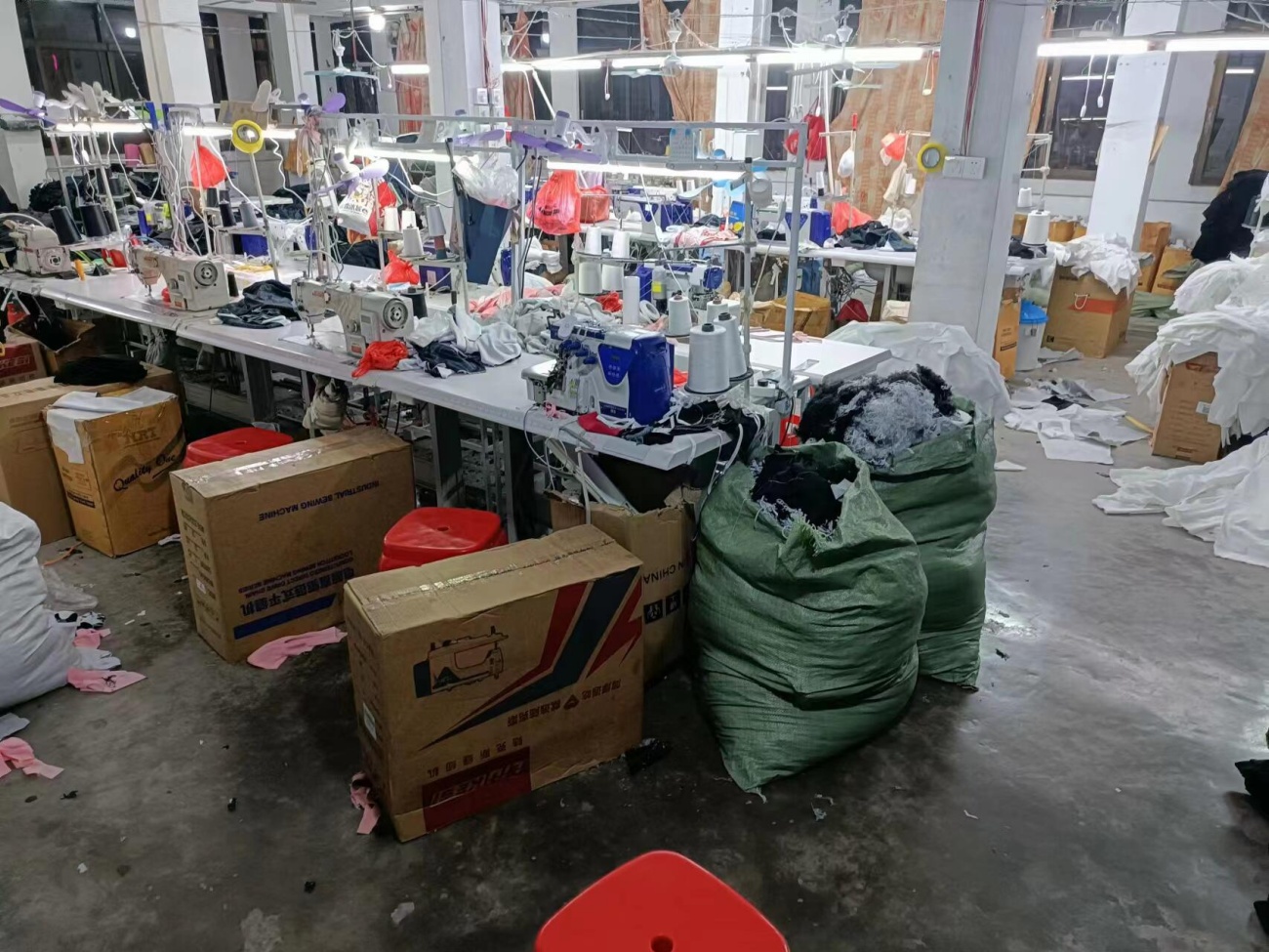 Leggings Sewing Workstation and Material Handling Area