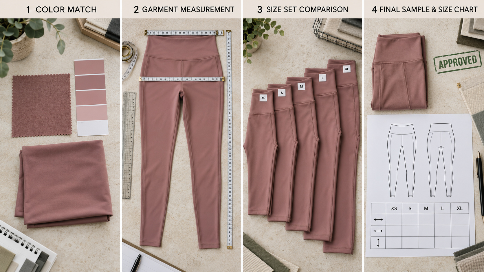 Leggings color matching, garment measurement and size set approval.