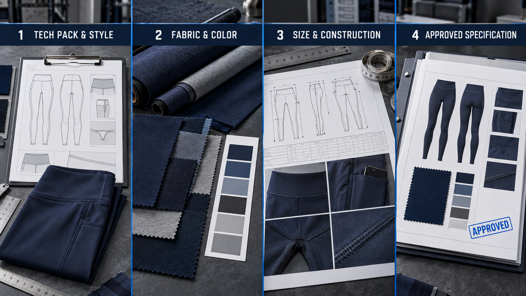 Leggings development files covering tech packs, fabrics, sizing and approved specifications.