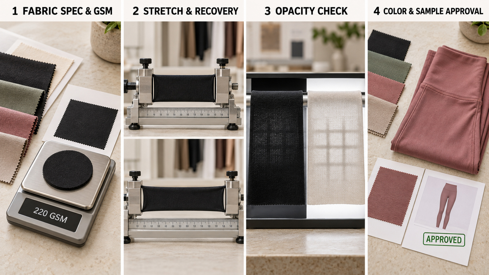 Leggings fabric GSM, stretch, opacity and color approval checks.
