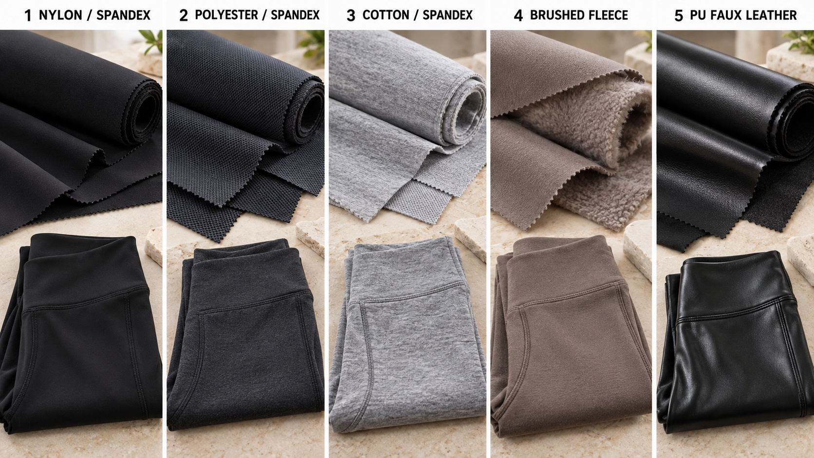 Leggings fabric textures and samples for custom material selection.
