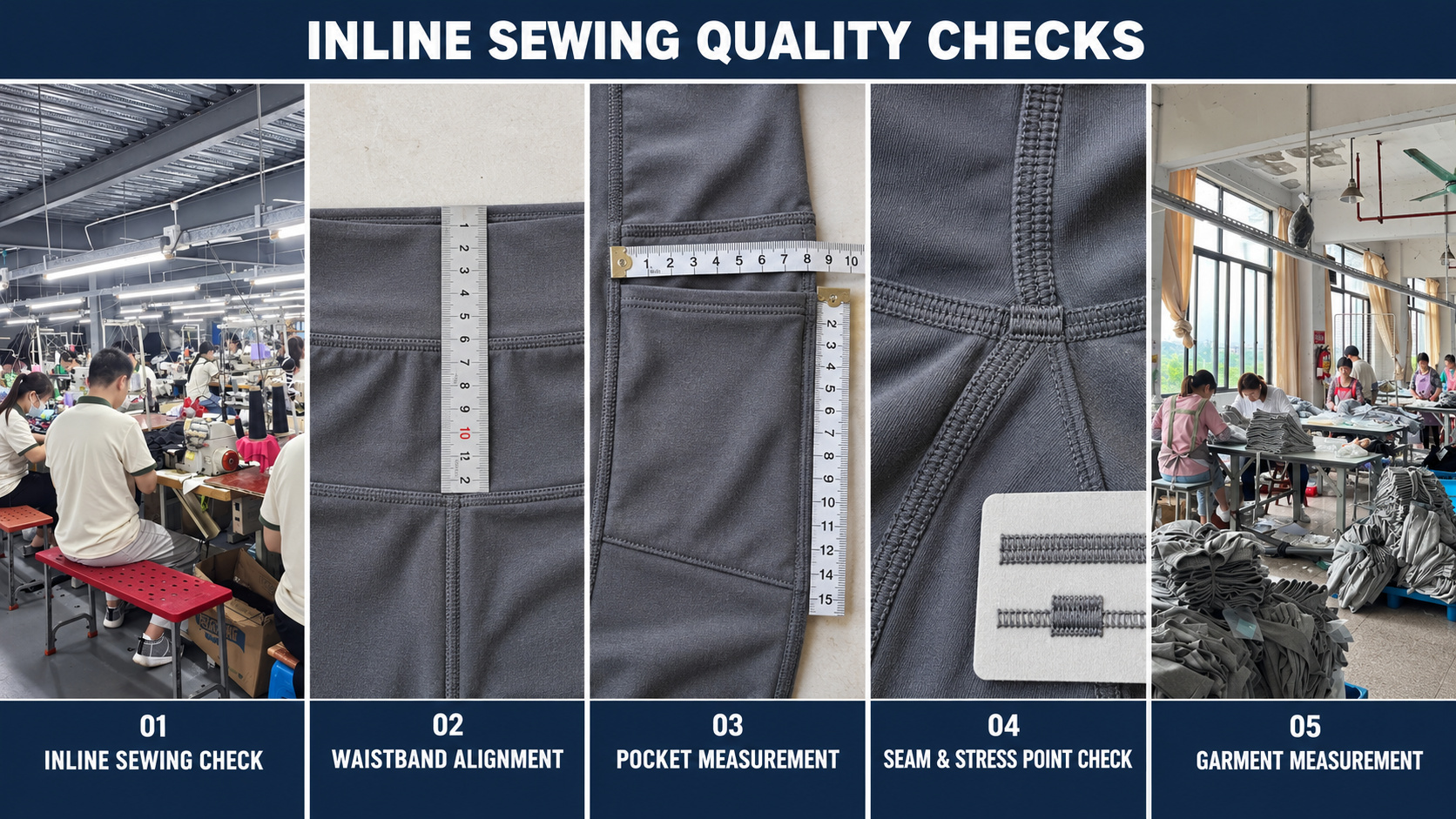 Leggings inline sewing and seam quality checks.