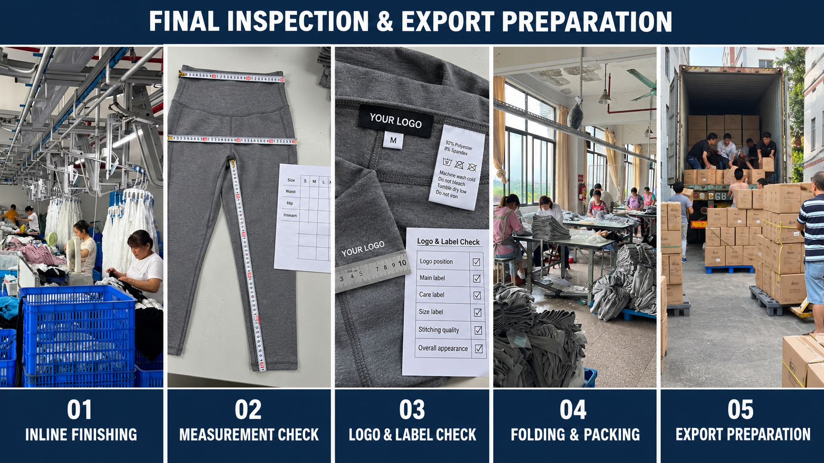 Leggings inspection, label checking, packing and export preparation.