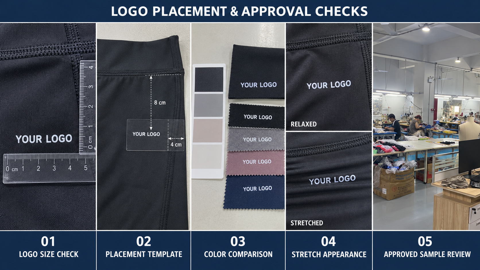 Leggings logo placement and application quality checks.