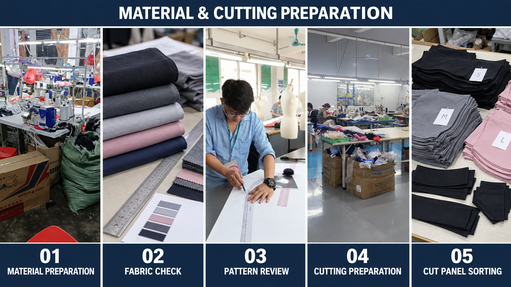 Leggings material inspection, pattern review and cutting preparation.