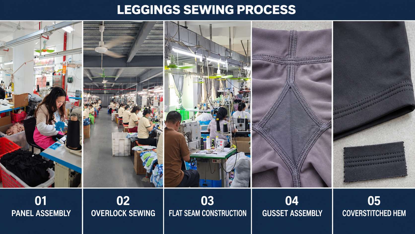 Leggings panel assembly and stretch stitching process.