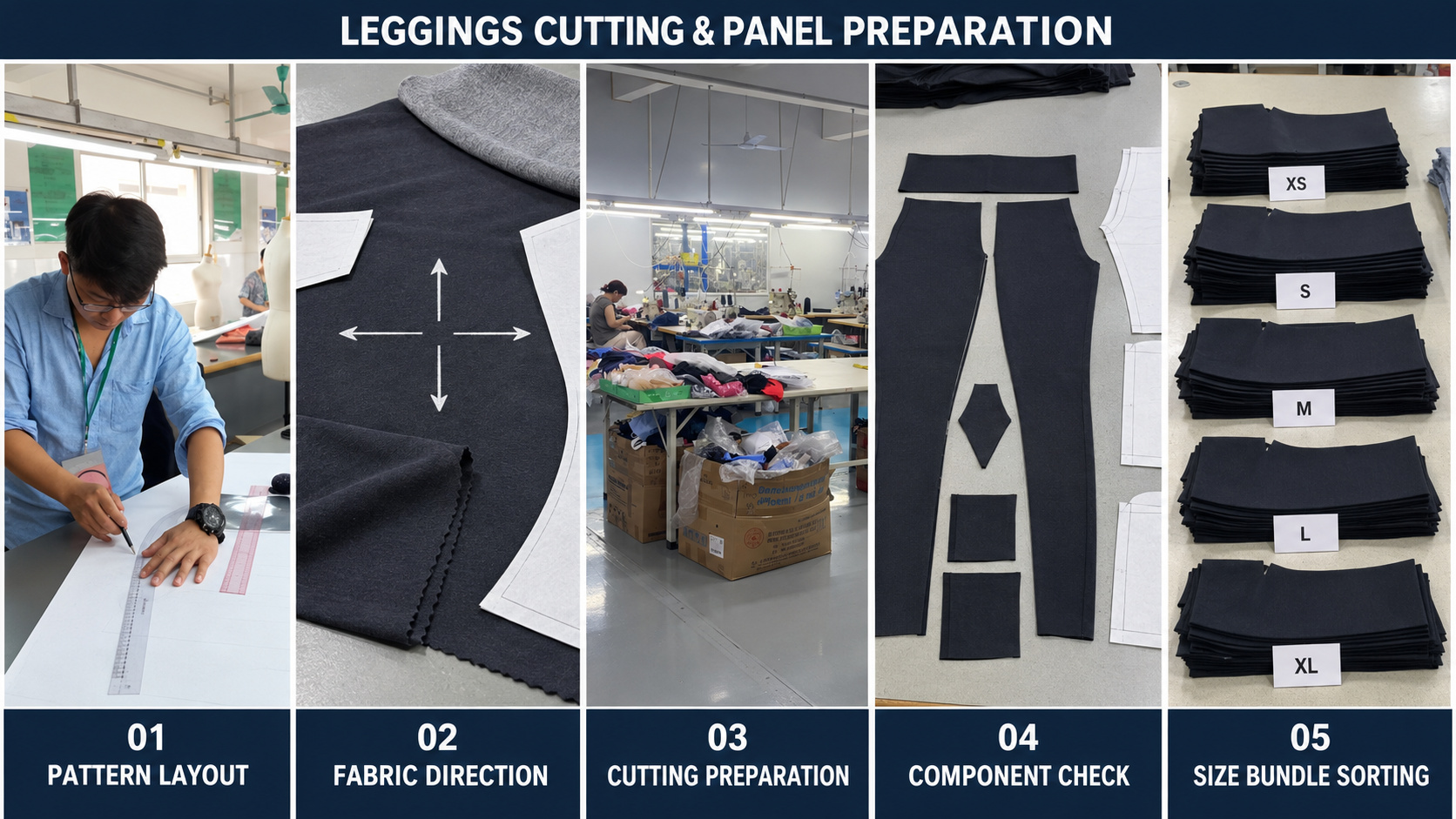 Leggings pattern layout, cutting and panel sorting process.