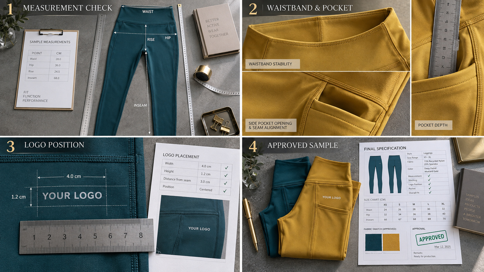 Leggings sample measurement and approval checks.