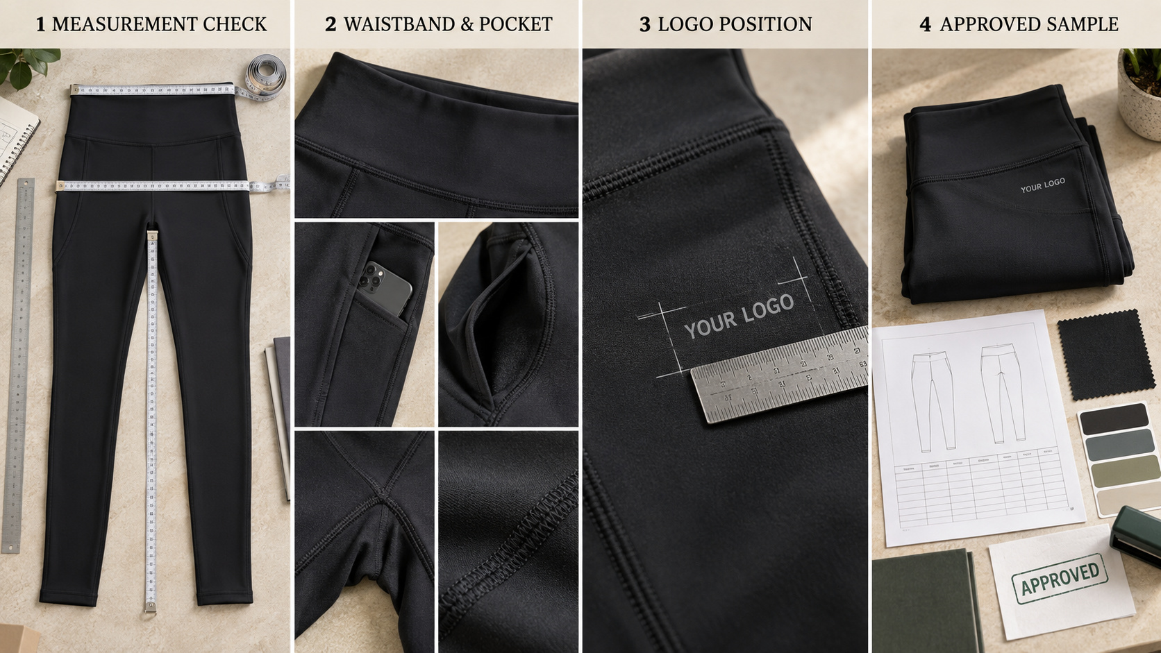 Leggings sample measurement, construction, logo and approval checks.