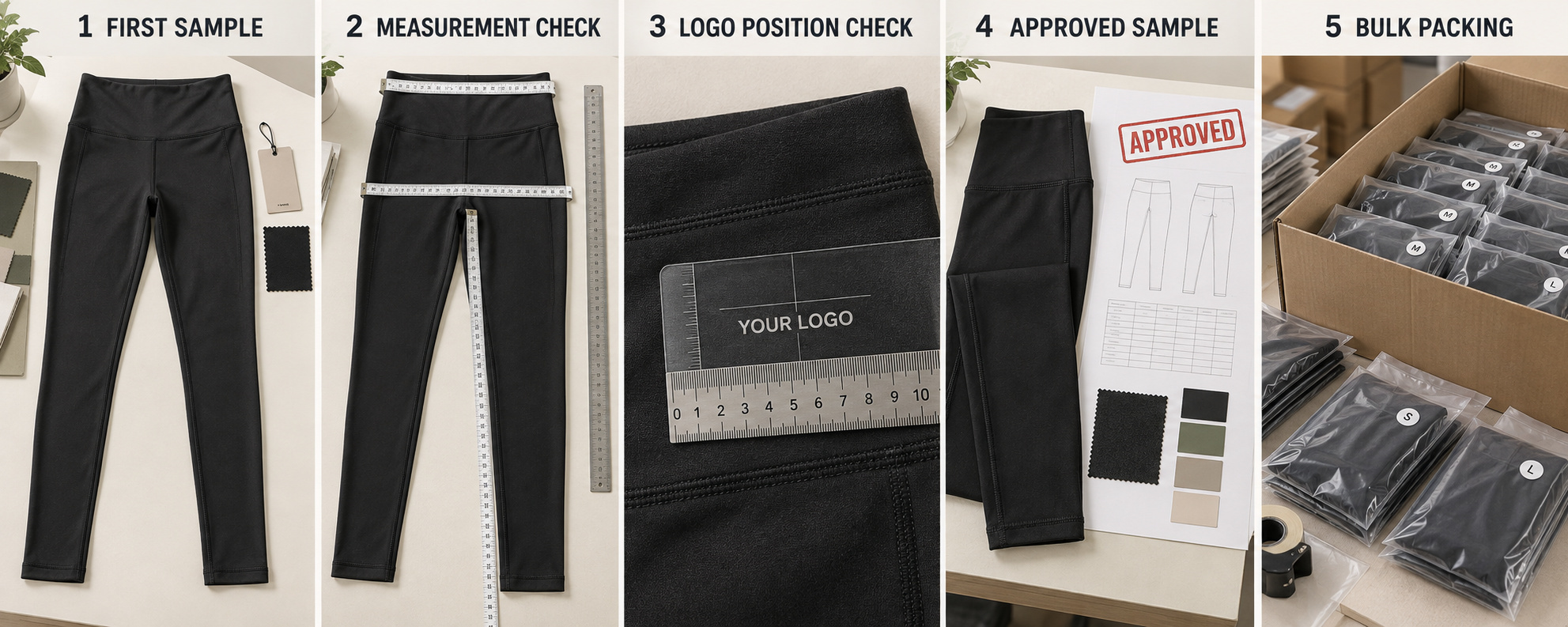 Leggings sample measurement, logo check, approval and bulk packing process.