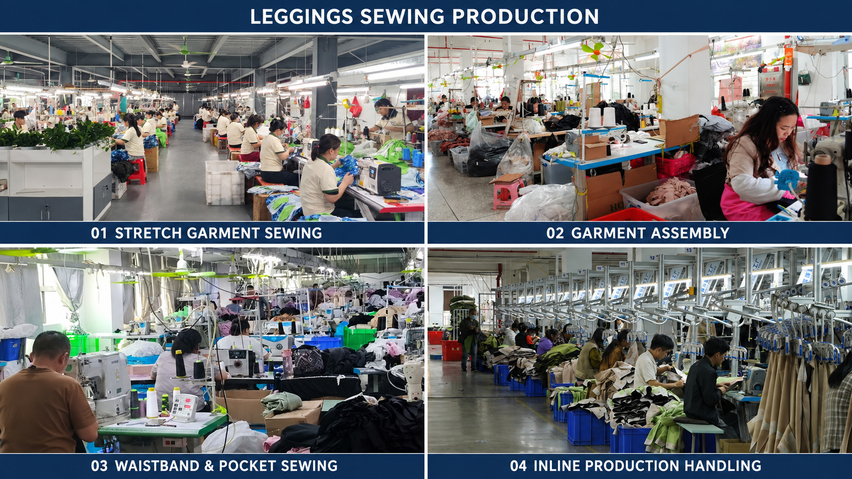 Leggings sewing, garment assembly and inline production process.