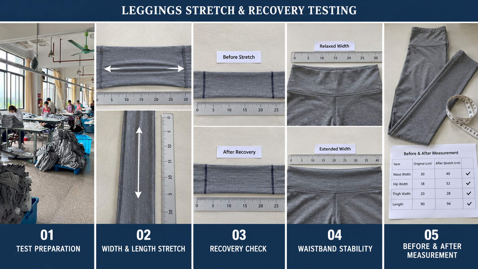 Leggings stretch, recovery and waistband stability testing.