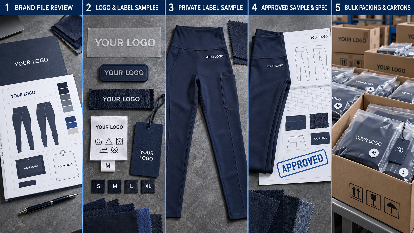 OEM leggings branding, sample approval and export packing.
