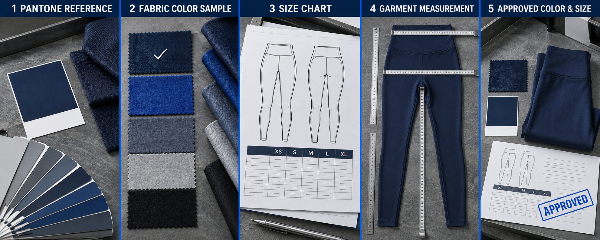 OEM leggings color selection, size chart and garment measurement.