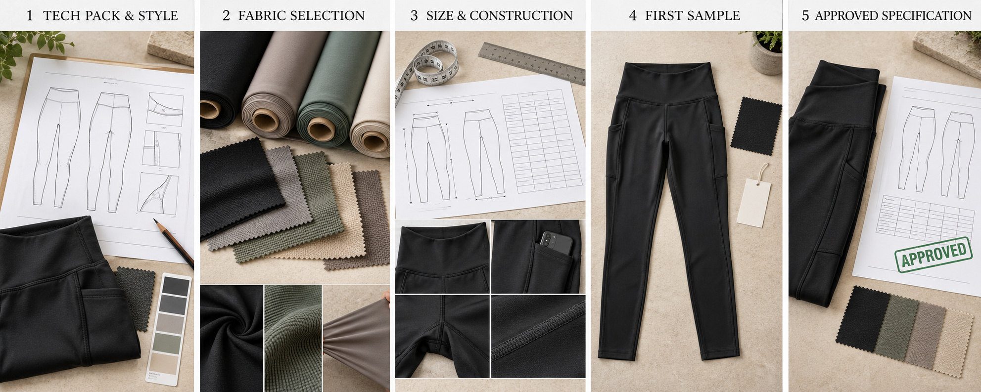 OEM leggings development with specifications, fabric, construction and sample approval.