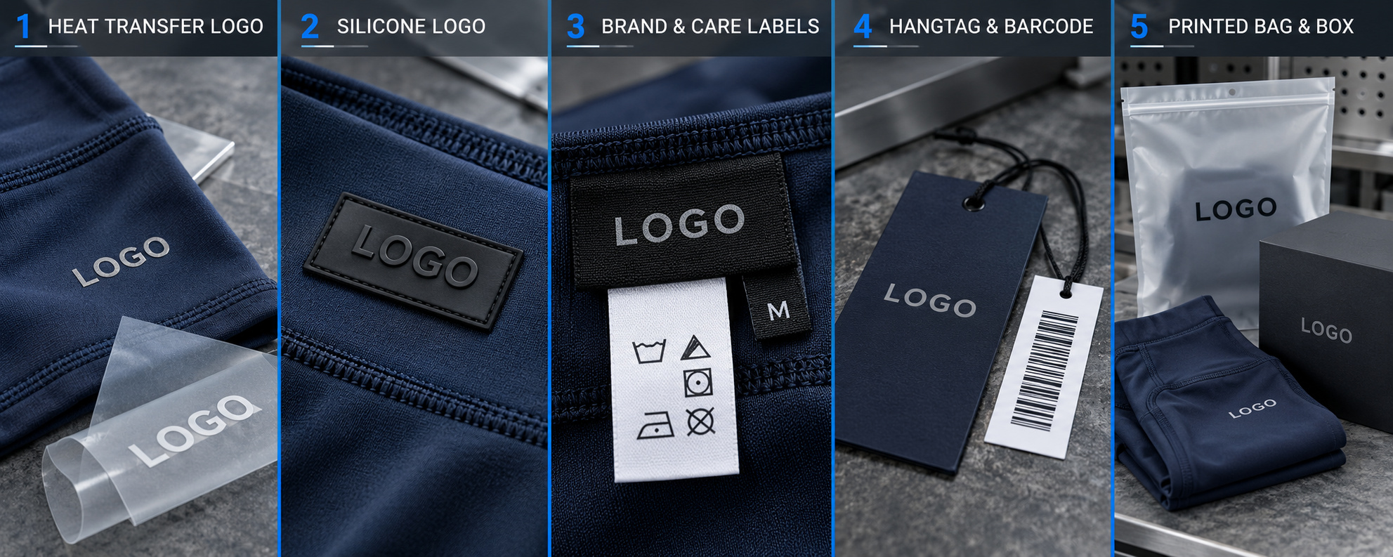 OEM leggings heat-transfer logos, silicone labels and custom packaging.