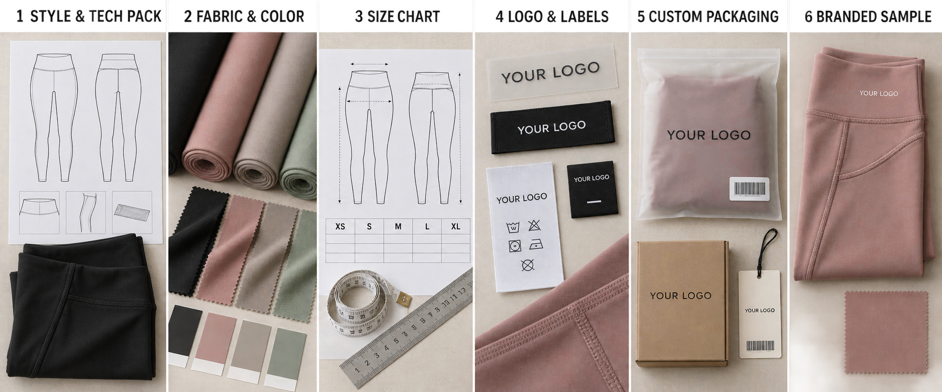 Private label leggings development from tech pack to branded sample.